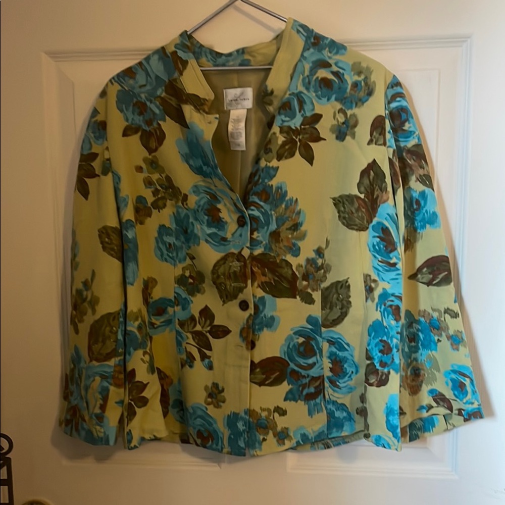 Emma James Turquoise Blue & Green Lined Blazer with Nature-Inspired Print 2/$15
